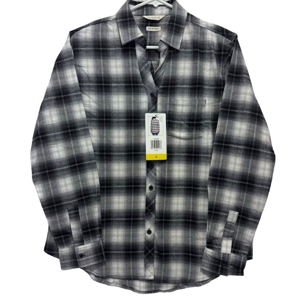Weatherproof Vintage Womens Small Black Gray Flannel Comfort Stretch Plaid Shirt